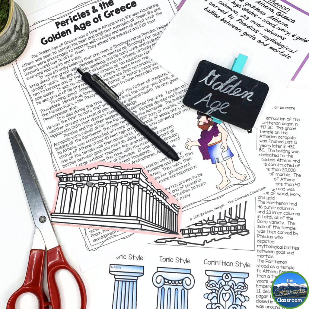 This image features reading passages and activities centered on the Golden Age of Greece that can be used of a unit when teaching Ancient Greece.