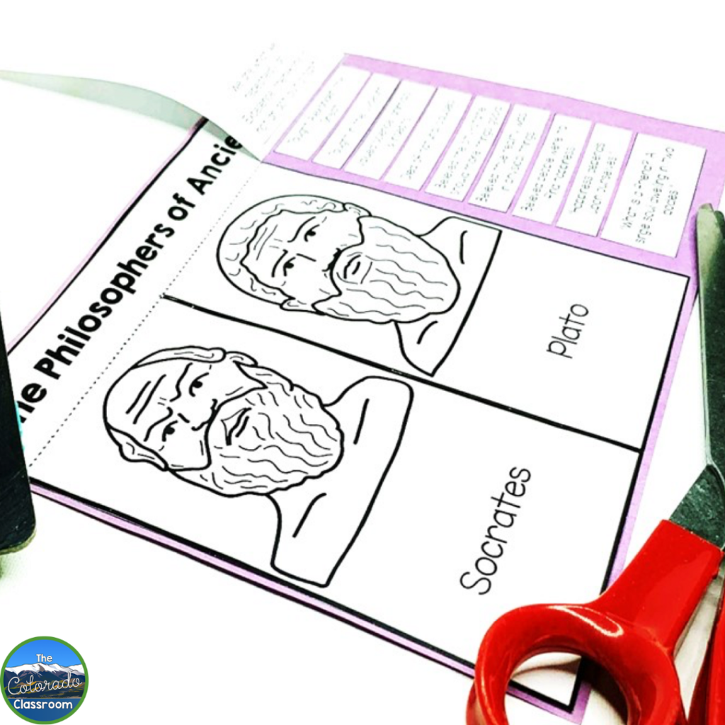 This images shows an interactive notebook style activity focused on philosophers of Ancient Greece such as Socrates and Plato.