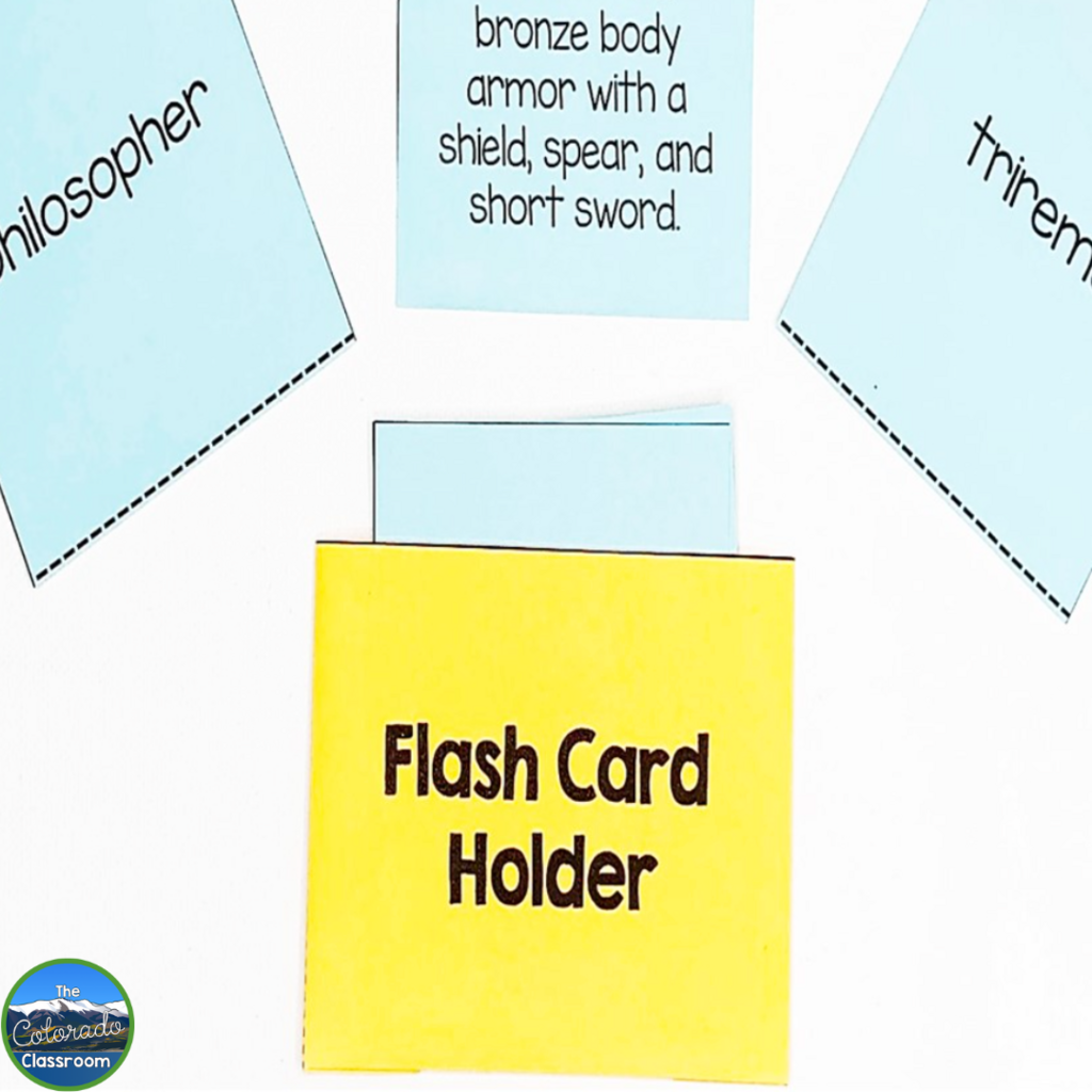 This image includes a flash card holder as well as vocabulary cards. Each card includes a word that is important when teaching ancient Greece like "philosopher" and "trireme". 