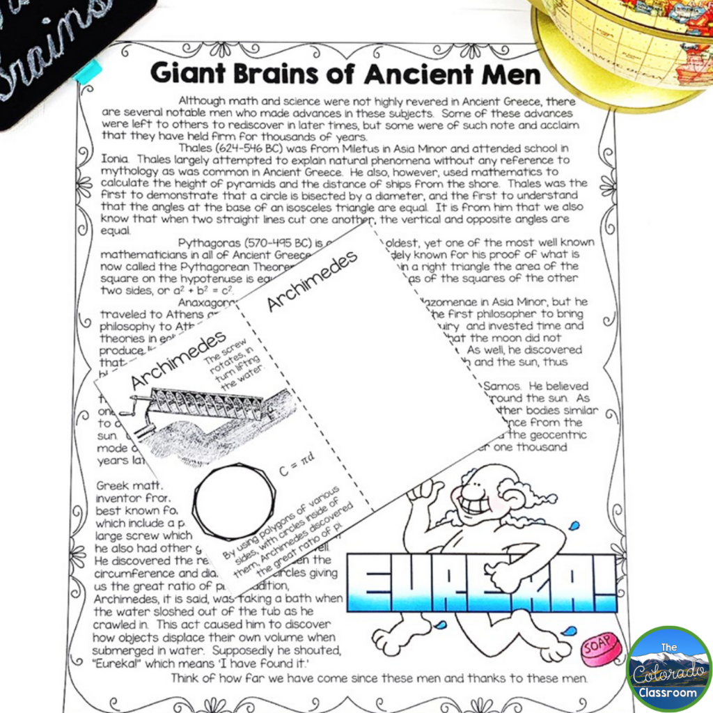 This image shows a reading passage titled "Giant Brains of Ancient Men" as well as a mini-book focused on Archimedes.