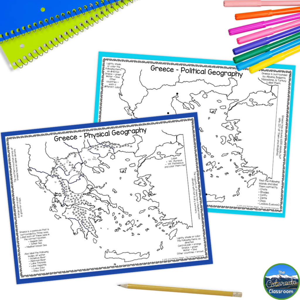 This image shows a student activity that will help students learn about the physical and political geography of ancient Greece using maps that they will color by code.