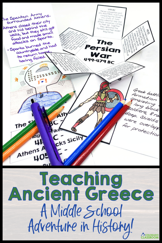 This image features the text "Teaching Ancient Greece: A Middle School Adventure in History" as well an image of Persian War focuses activities.