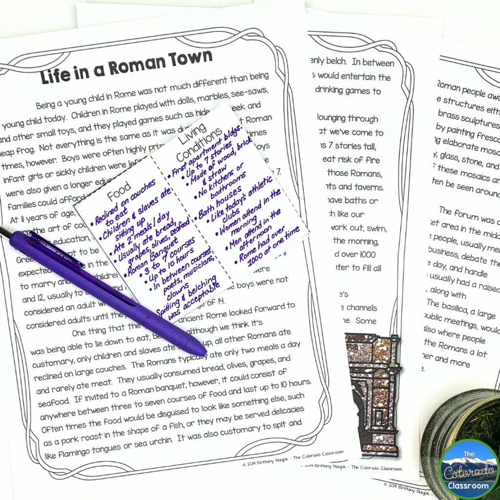 This image includes reading passages about what life was like in a Roman town. It is a great resource to use when teaching Ancient Rome in your middle school classroom.