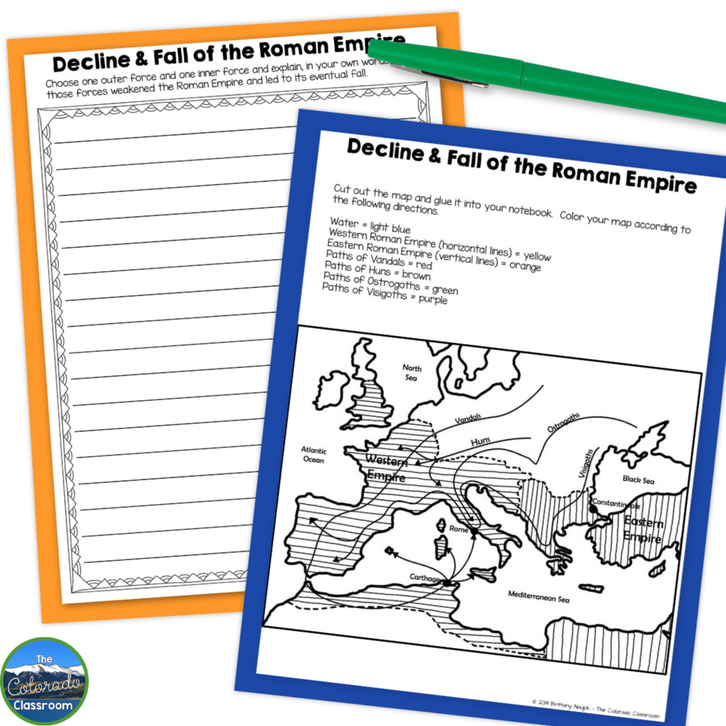 This image features activities that can be used when teaching Ancient Rome. Students will learn about the eventual decline and fall of the Roman Empire through the activities shown.