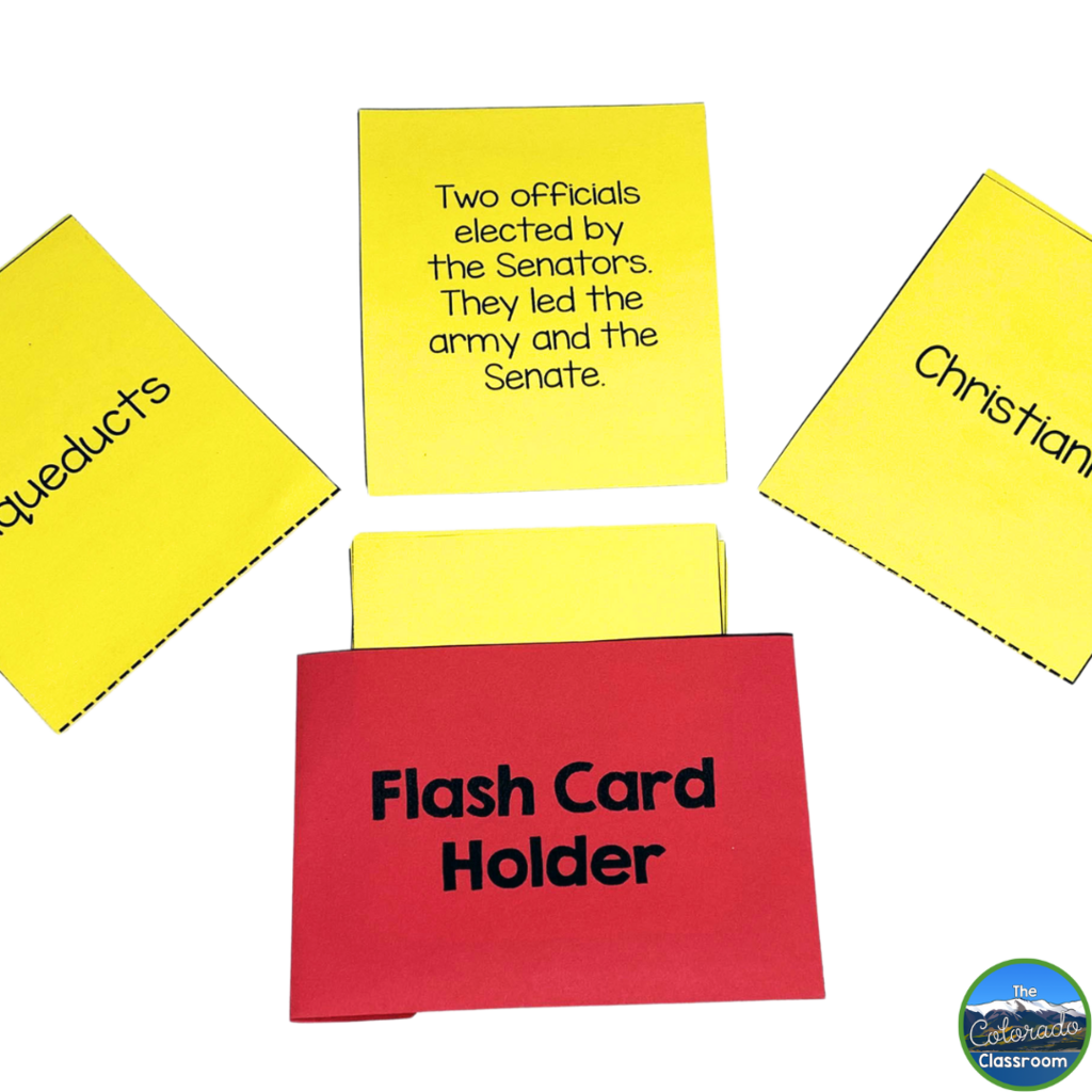 Before teaching Ancient Rome, it is important to teach key vocabulary terms like the ones included in this image. It shows a flash card holder, as well as vocabulary cards for words like "Christianity" and "Aqueducts".