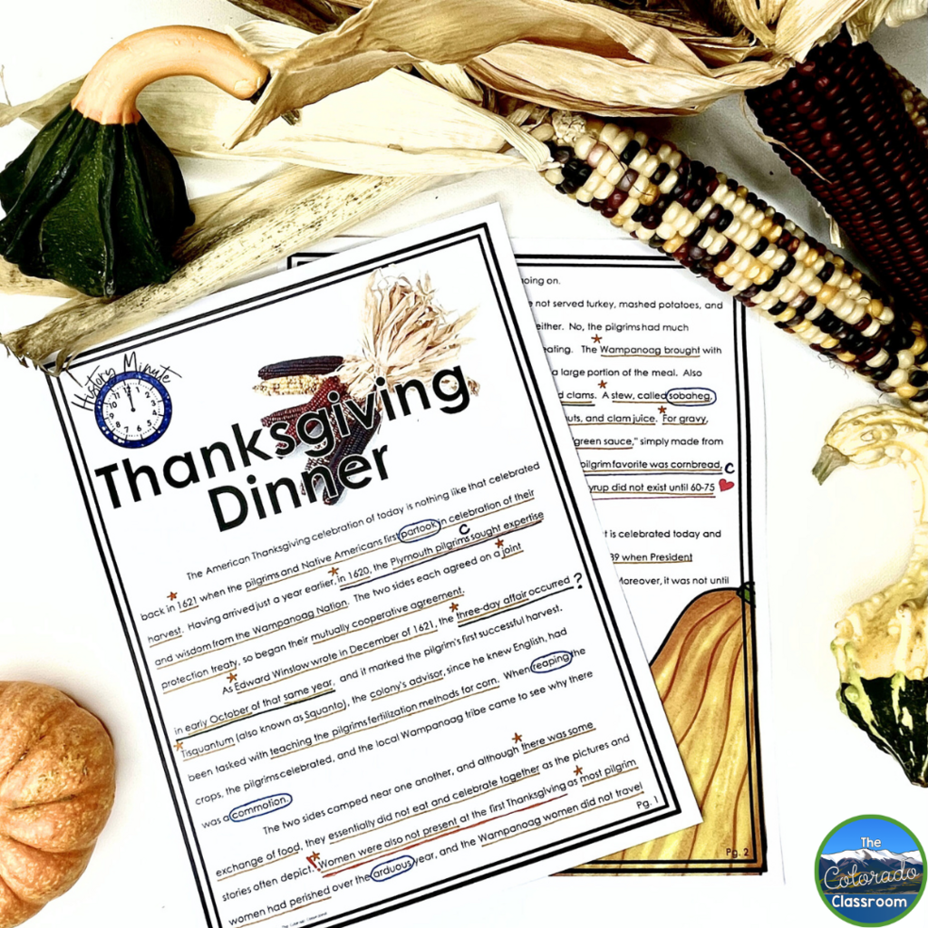 In this image, there is an image of a reading passage that discusses the first Thanksgiving. It is a great passage to use in your classroom when cross-curricular teaching in November!