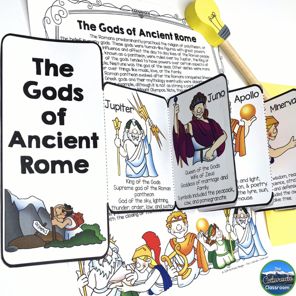 In this photo, there is a gods of Ancient Rome flip book, as well as a reading passage that will help students learn about Ancient Roman religion.