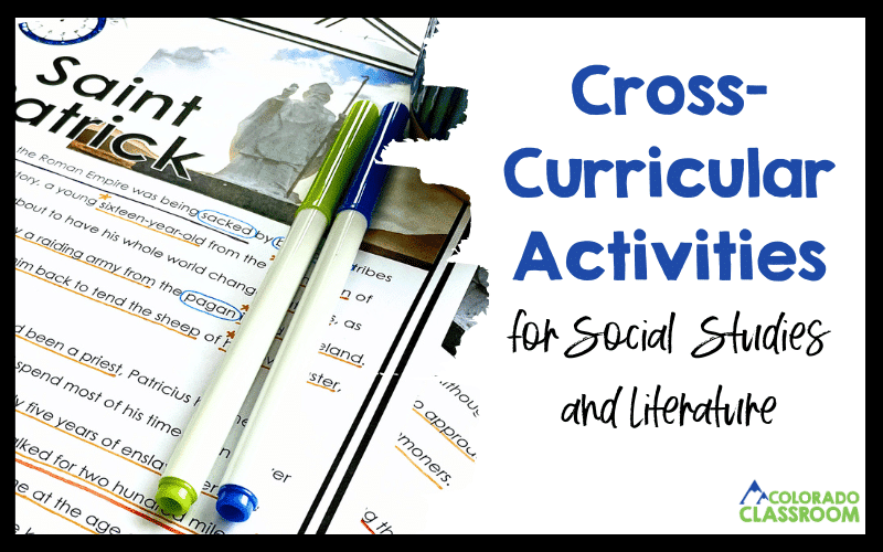 This image says, "Cross Curricular Activities for Social Studies and Literature" and includes a photo of a reading passage about the historical figure Saint Patrick.