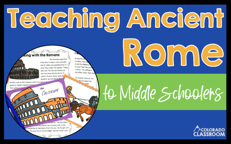 This image says, "Teaching Ancient Rome to Middle Schoolers" and includes a photo of an activity that can be used. The activity picture focuses on what Romans would do for entertainment.