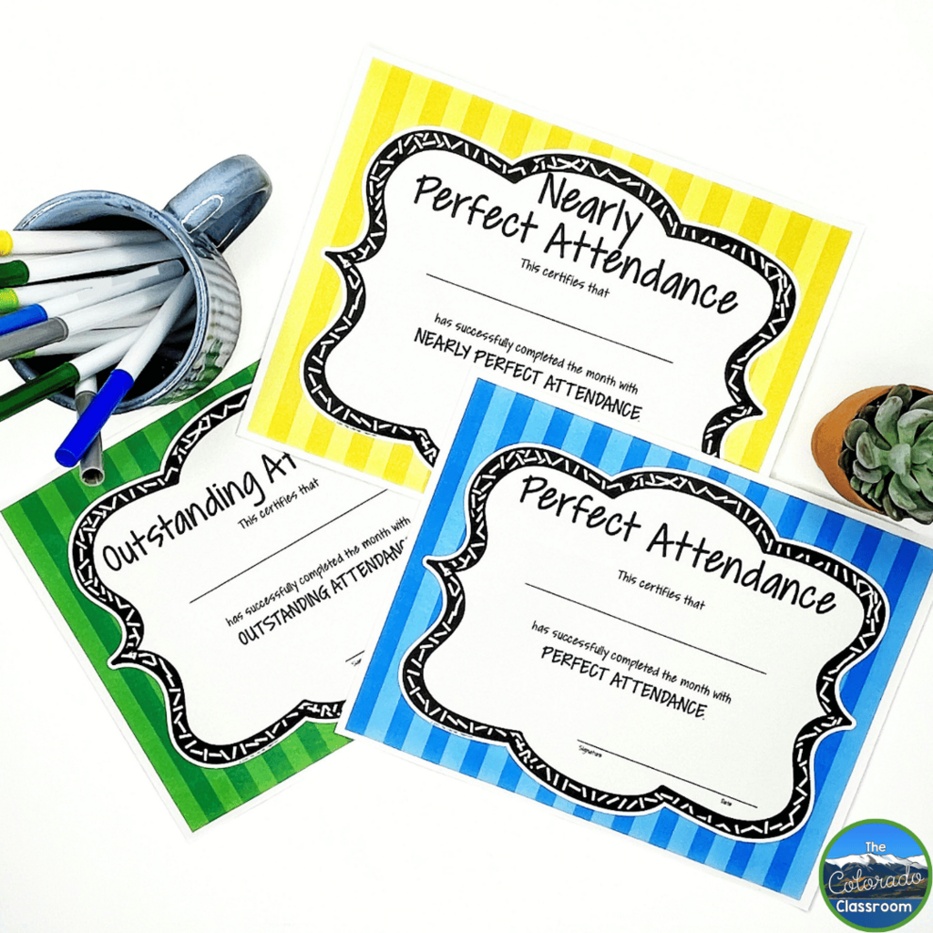 End of year celebrations are the perfect time to recognize student achievements with awards. This photo shows examples of awards you could give students like "Perfect Attendance".