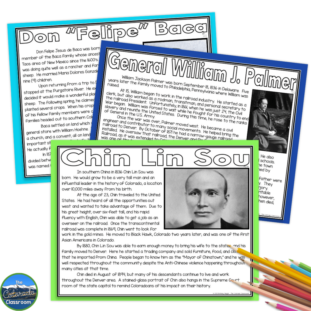 This photo shows examples of famous people who are included within the unit about Colorado's history like Chin Lin Sou, General William J. Palmer and Don 'Felipe' Baca.