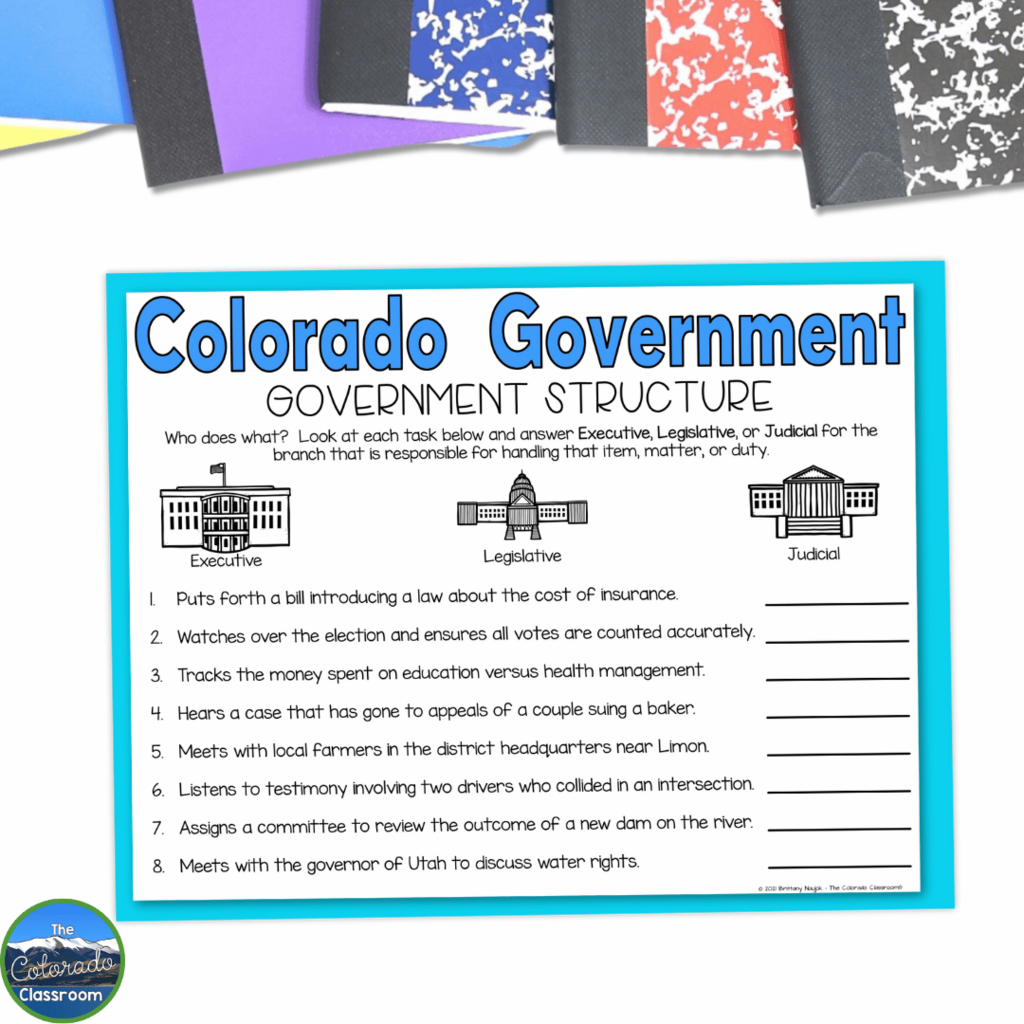Using the worksheet shown in this image, students can demonstrate an understanding of the executive, legislative and judicial branches of government at the state level.