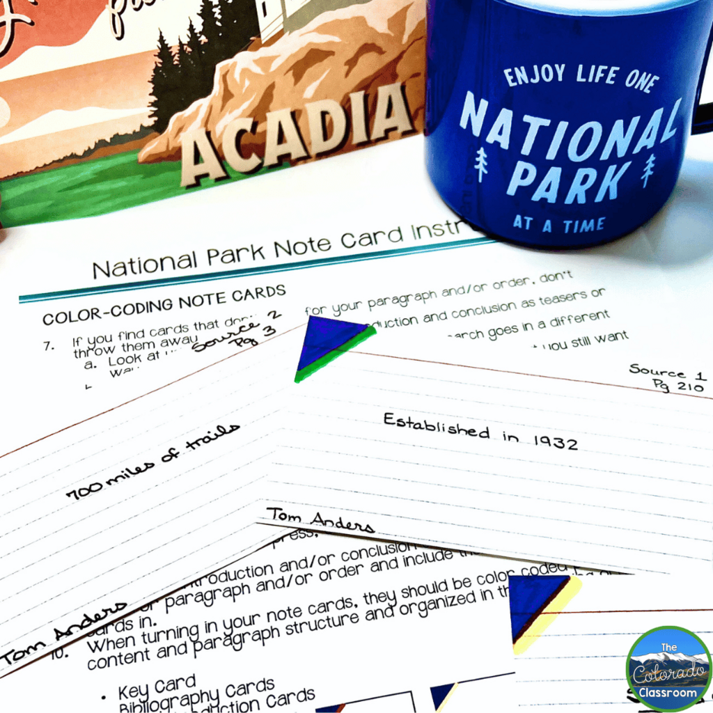 This photo shows an example of bibliography cards that students can create as they are getting information from different sources during the research project.