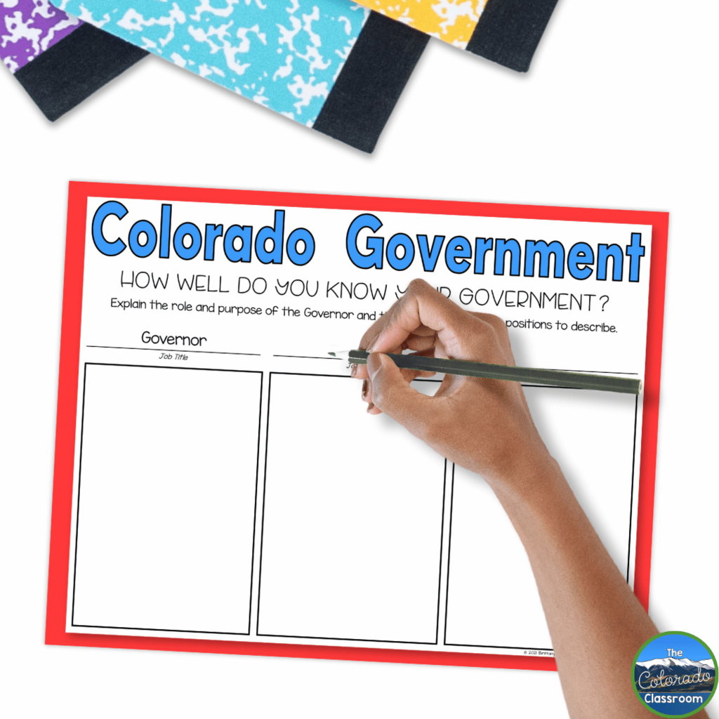 This image shows a student writing information about different roles within the Colorado government like the state governor.
