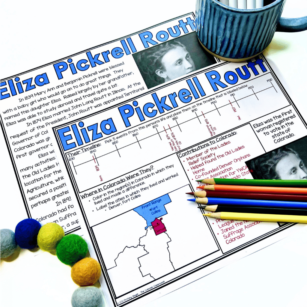 This photo features a reading passage and timeline activity that will help students learn more about Eliza Pickrell Routt, who is one of the famous people from Colorado's early history.