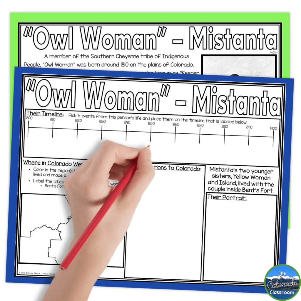 This image showcases an activity focused on "Owl Woman" another famous person who contributed to making Colorado what it is today.