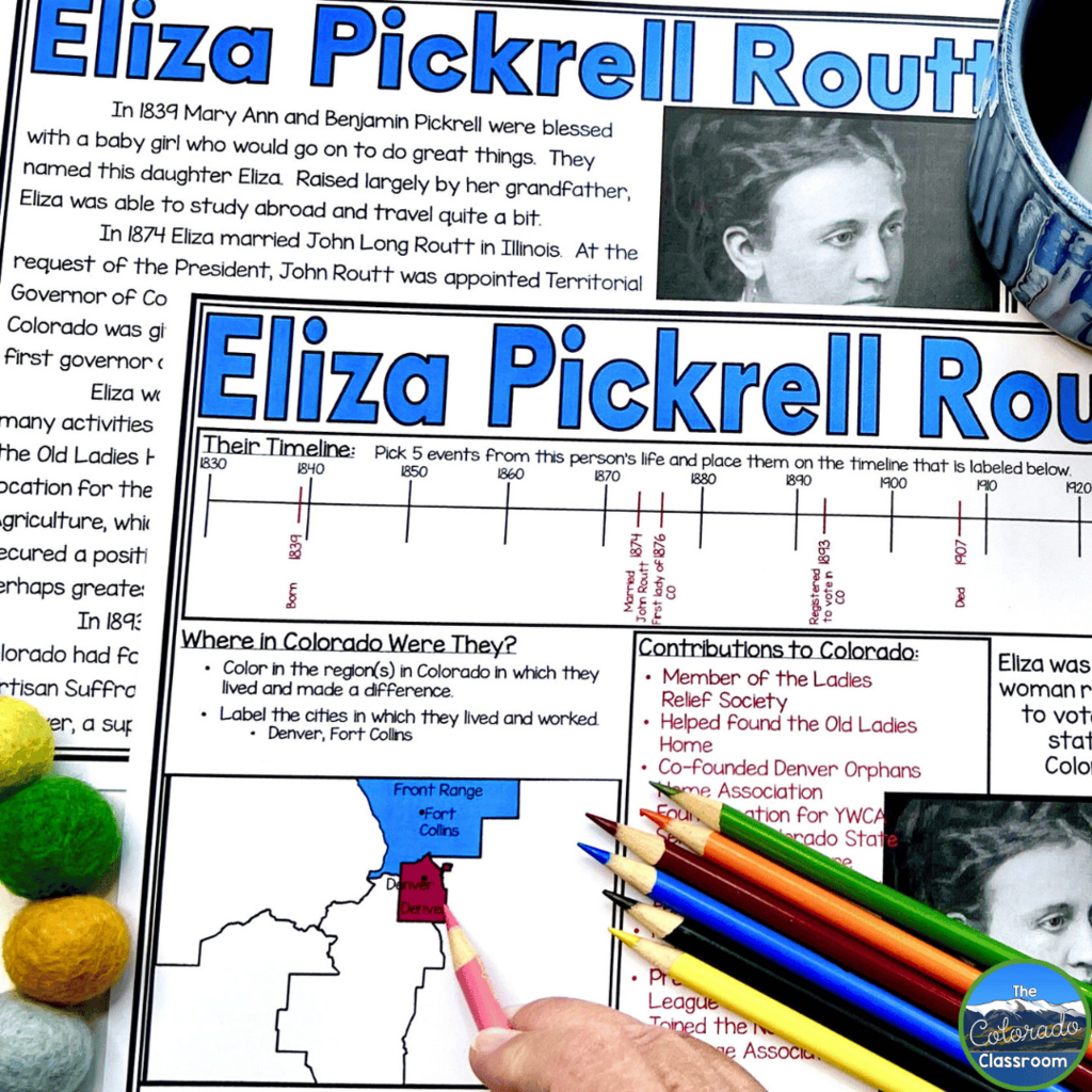 This image shows a reading passage and timeline about Eliza Pickrell Routt, a famous person in Colorado's early history.