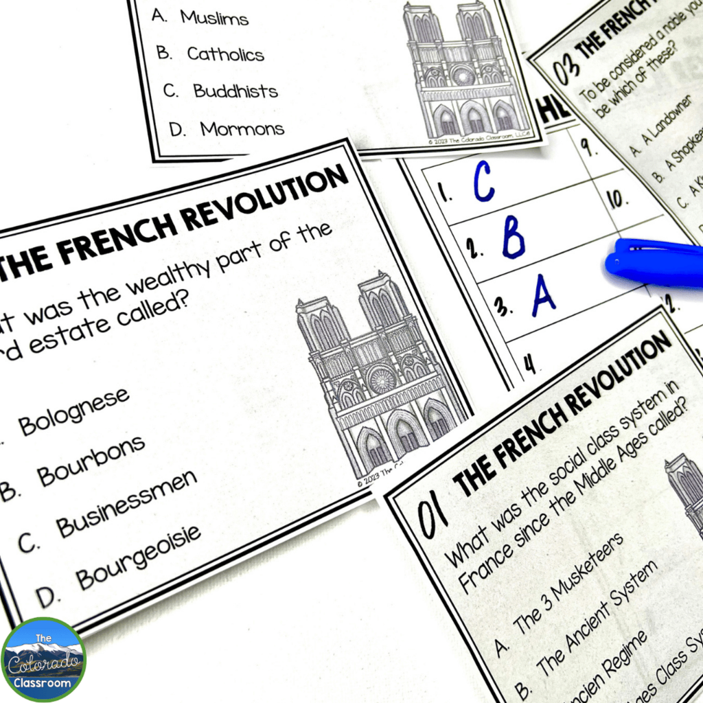 This photo shows tasks cards about the French Revolution. Task cards like these make very engaging social studies activities for students.