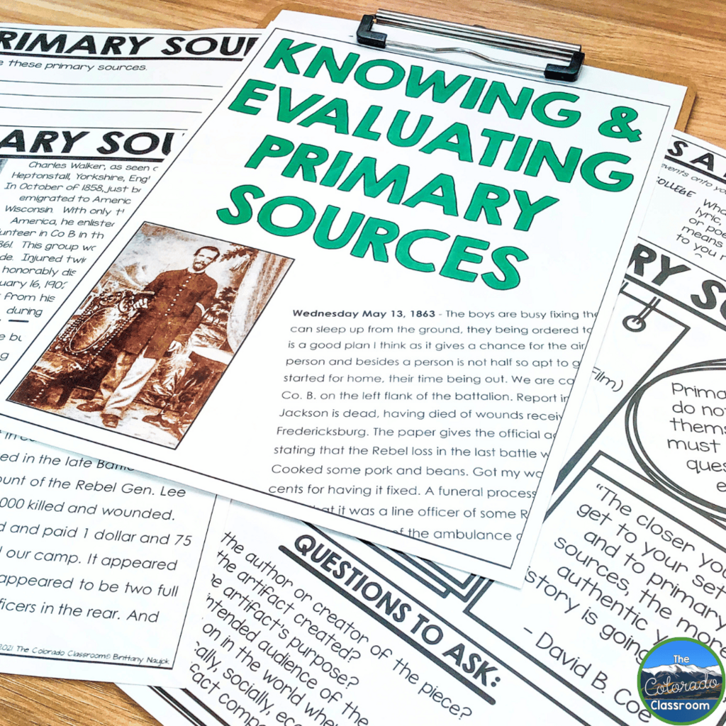 This photo highlights pages from my "Knowing and Evaluating Primary Sources" ebook-a great tool to use diving into engaging social studies activities.