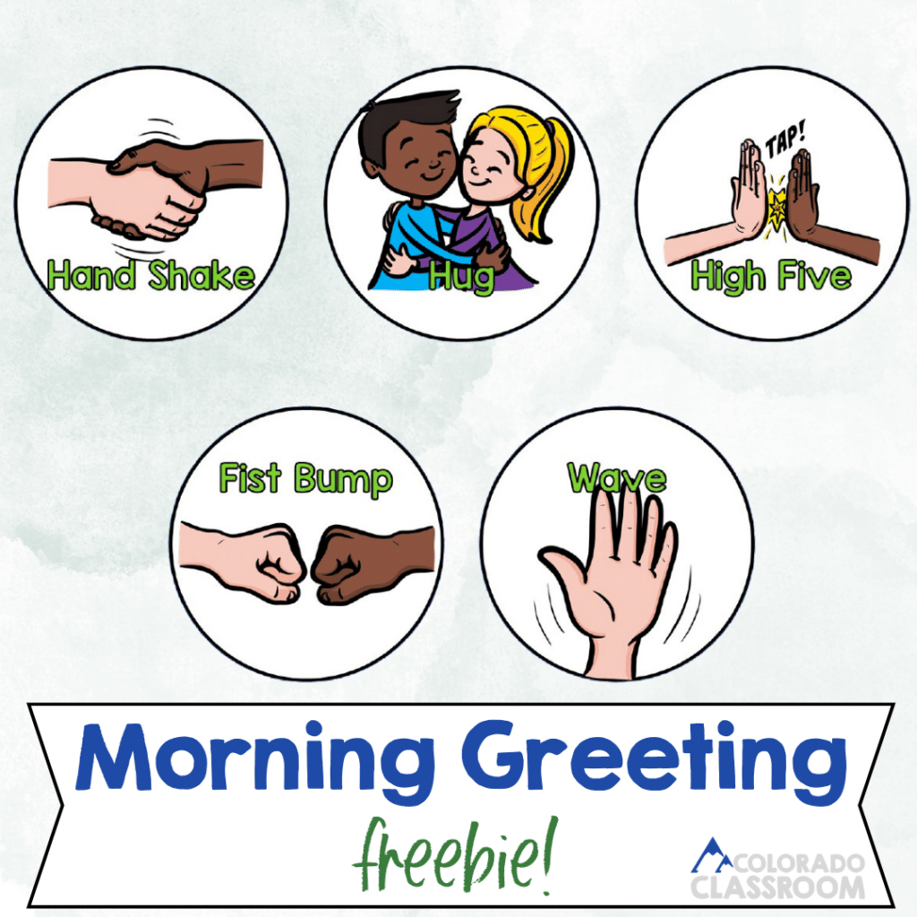 Image with 5 morning greeting signs: handshake, hug, high five, fist bump, and wave. This is a freebie product.