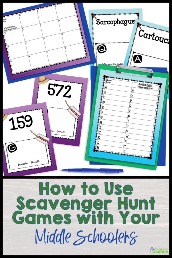 Wondering how to incorporate scavenger hunt games into your middle school classroom? This post is full of ideas for targeting math and social studies skills using fun and engaging scavenger hunts that will get your students moving around the room!