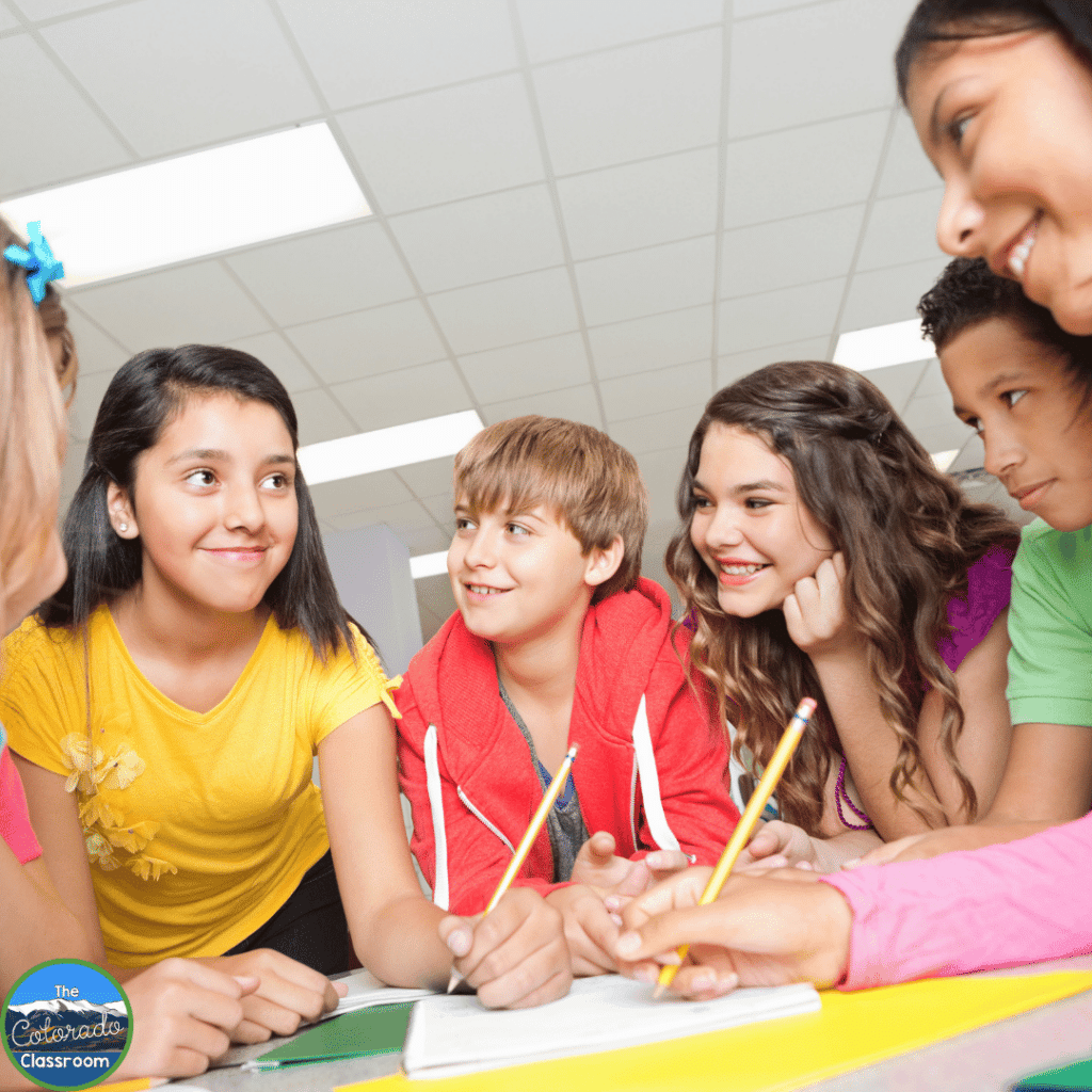 This image shows a group of students working together. Strategies like group work and competition are great to use when learning about latitude and longitude.