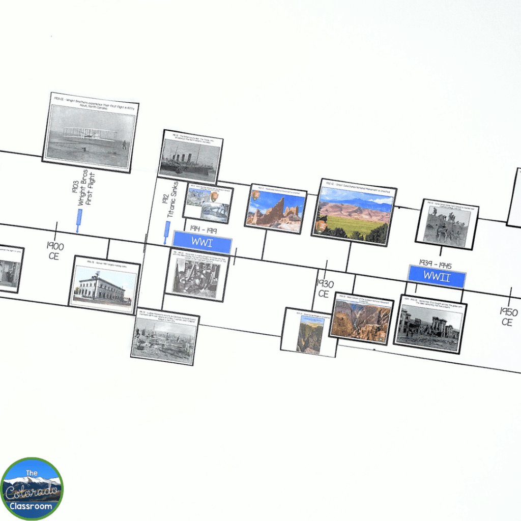 This image shows an example of a Colorado history timeline that you can use when teaching timelines in your middle school classroom.