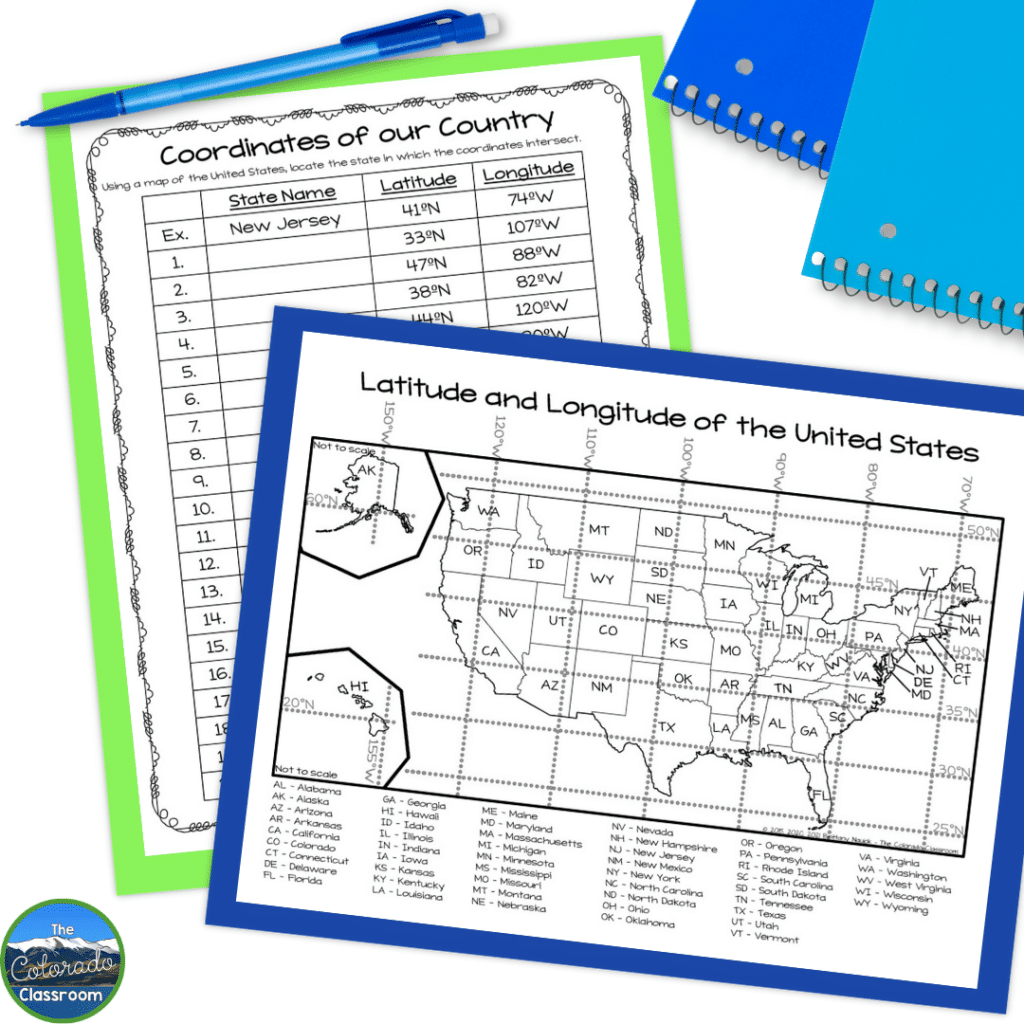 With the activities in this image, students can practice latitude and longitude within the United States.