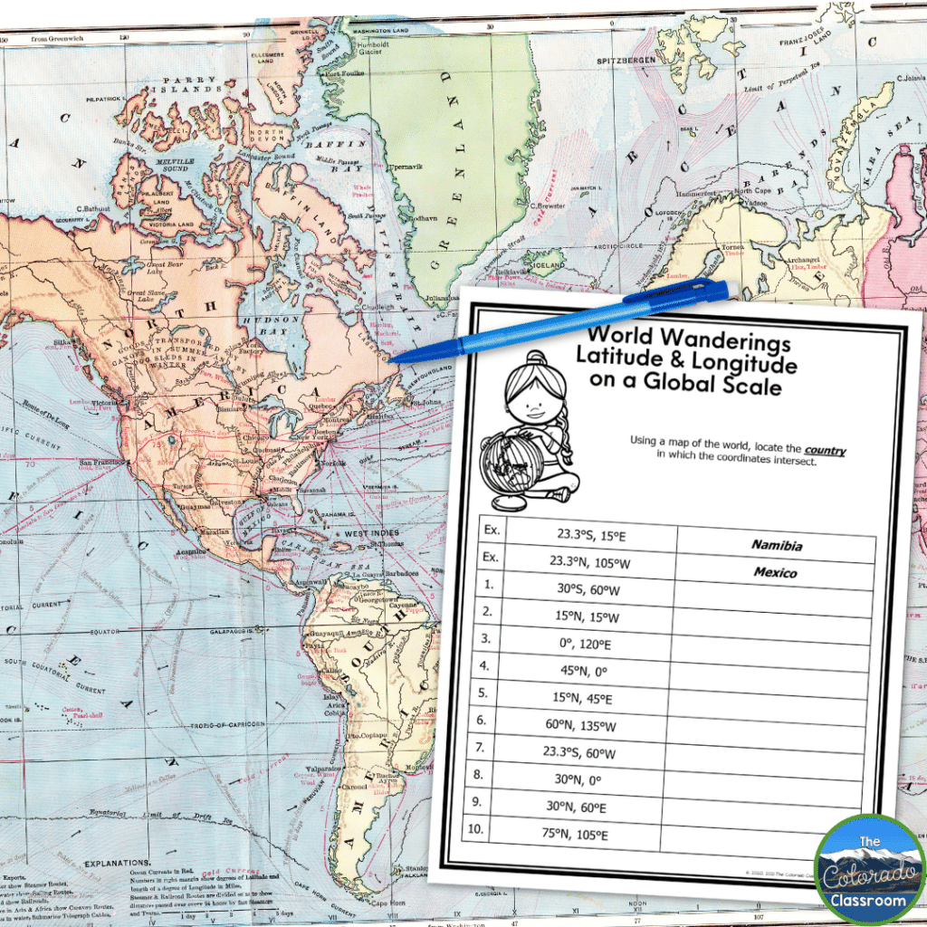 This image shows a world map and a student worksheet for identifying latitude and longitude on a global scale.