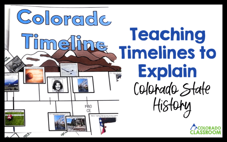 This image says, "Teaching Timelines to Explain Colorado State History" and includes a photo of my Colorado Timelines Unit.