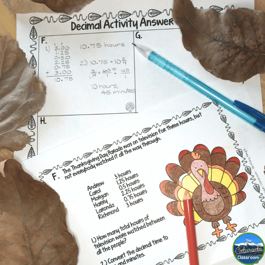 Students can practice decimals using the Thanksgiving themed fall activities in this photo.