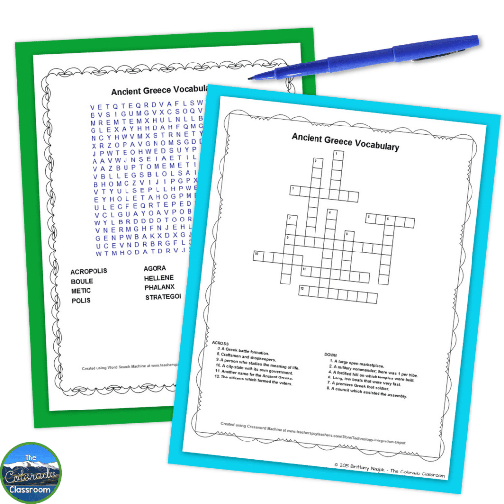 Alongside typical vocabulary work, I also like to include some fun crossword and word search pages like the ones shown in this image.