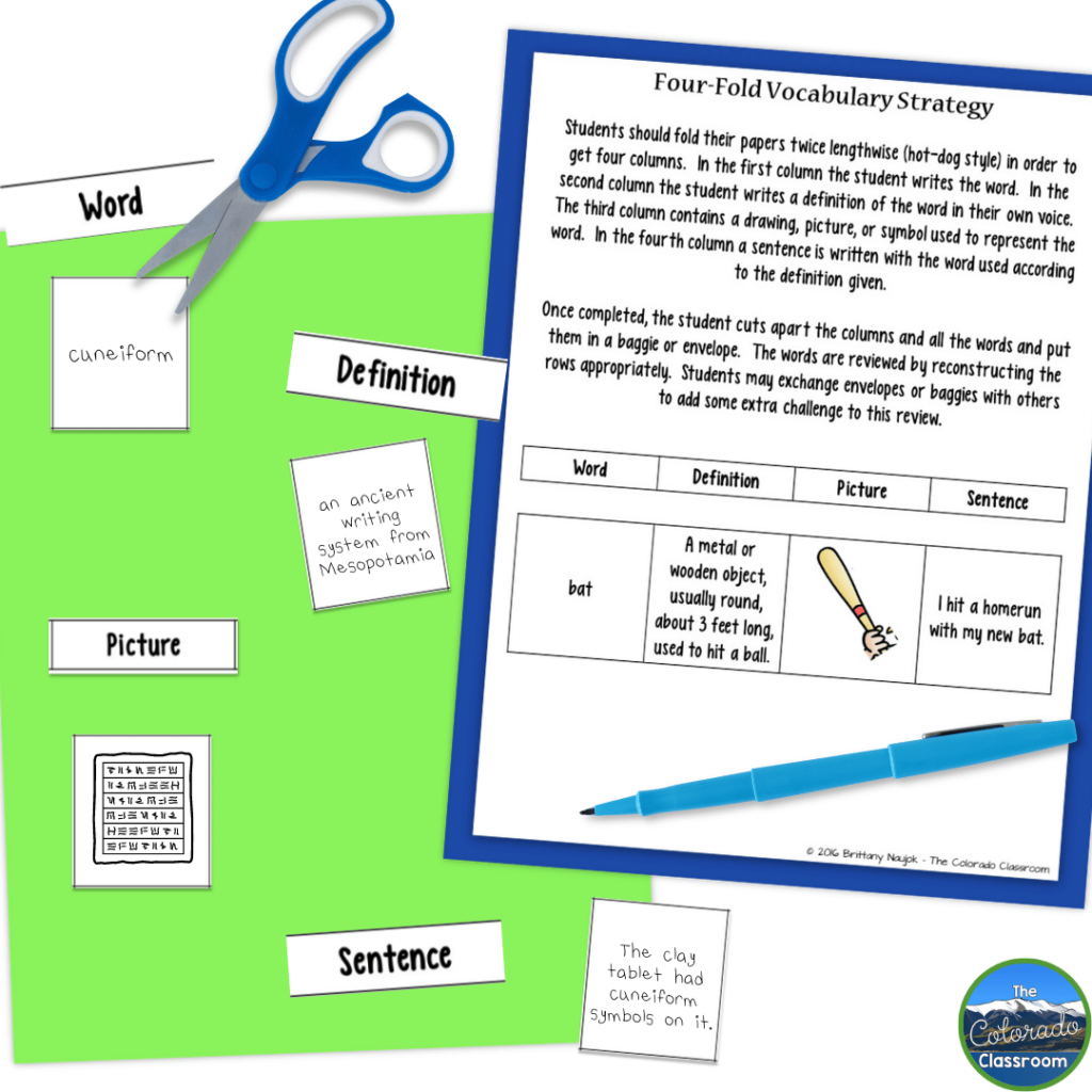 This image demonstrates four fold vocabulary, an engaging vocabulary strategy for sixth grade.