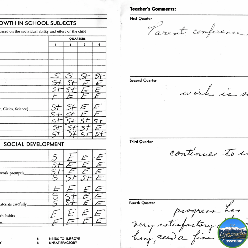 This image shows handwritten report cards, something a first year teacher had to do.