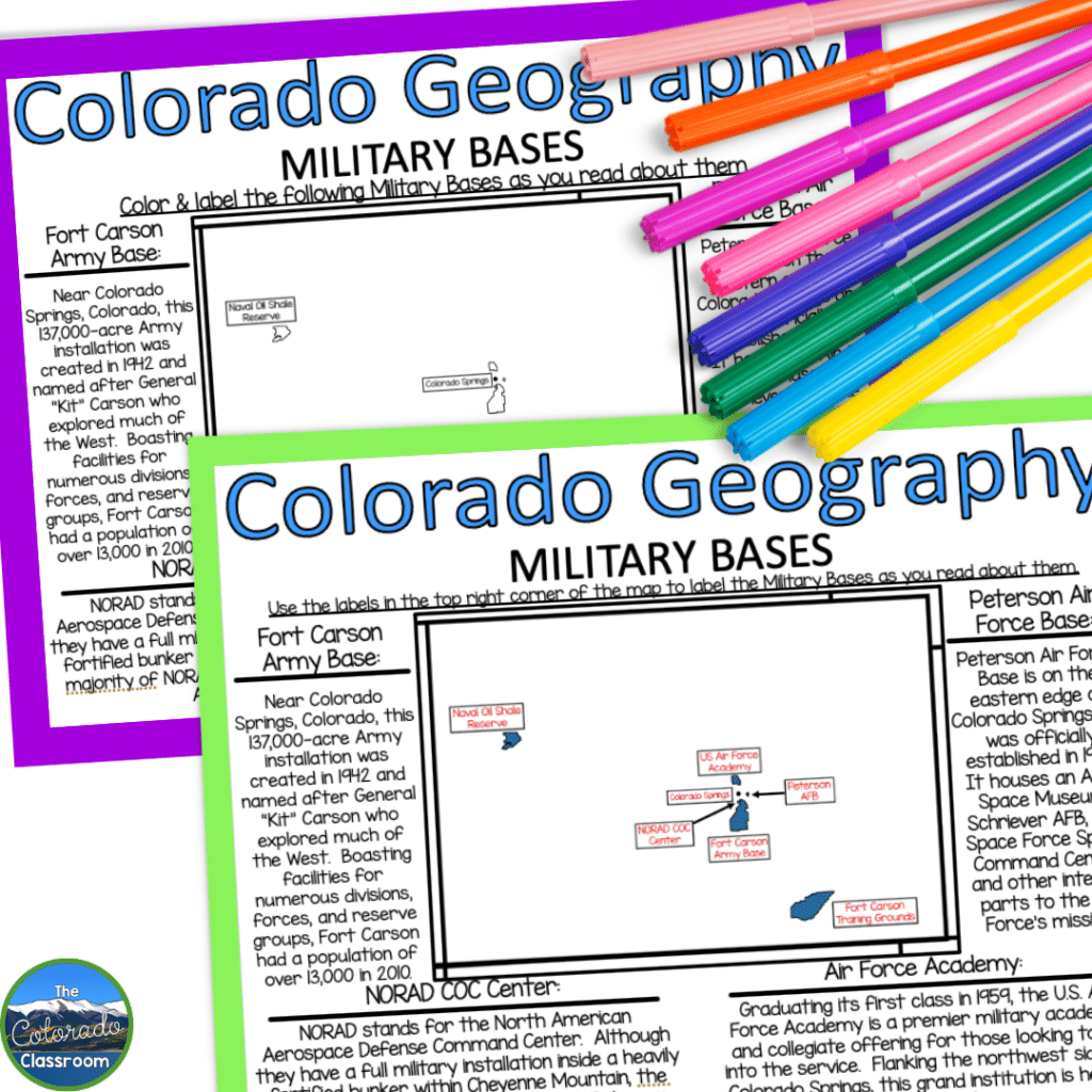 This map activity connects Colorado geography with military bases in the state.