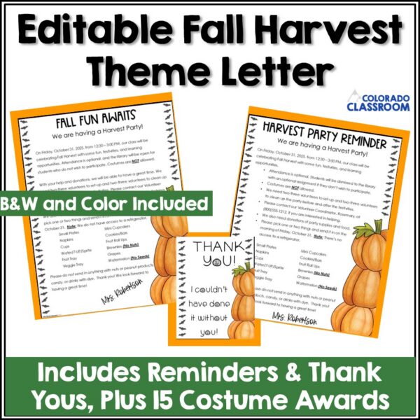 Editable Fall Harvest Theme Letter, Reminder, and Thank You Note