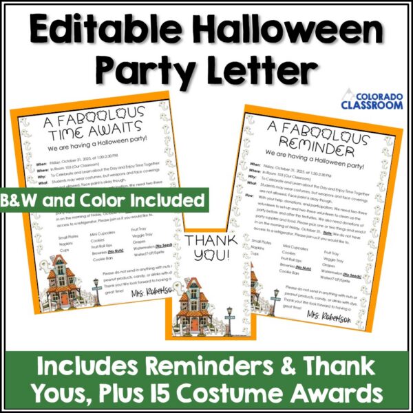 Editable Halloween Party Letter, Reminder, and Thank You Note