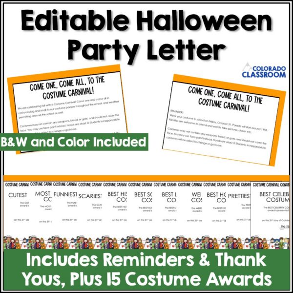 Editable Halloween Costume Carnival Note and Reminder and 15 Costume Awards