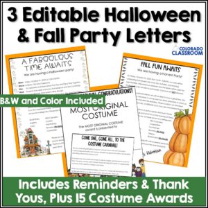 3 Example Halloween letters and a Costume award displayed on an orange and white background