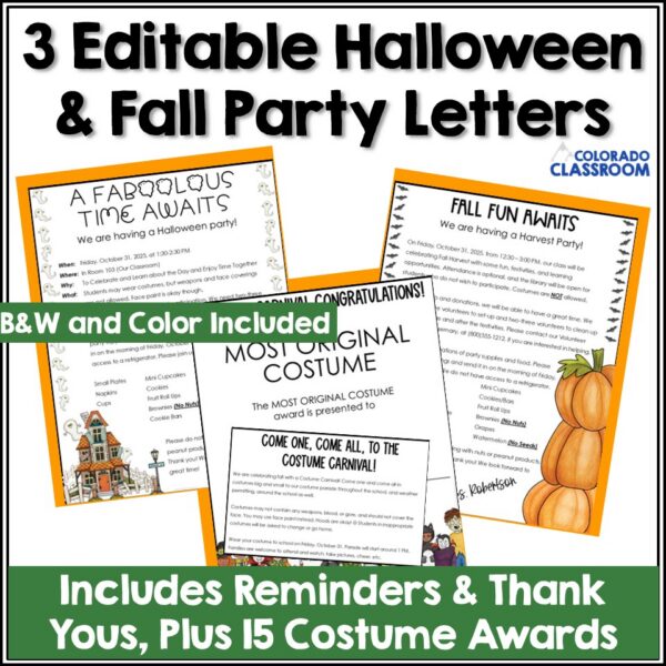 3 Example Halloween letters and a Costume award displayed on an orange and white background