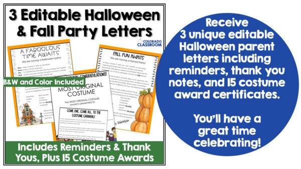 Editable Halloween Party Letter for Parents and reminders and thank yous