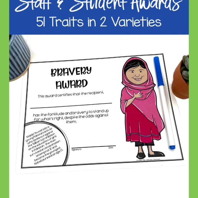 Awards for Staff or Students that focus on character or acts of character. 51 awards come in two varieties - one with a life story and one with a quote.

https://www.teacherspayteachers.com/.../Staff-Award...